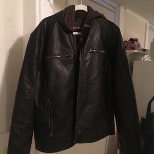 Men’s Guess XL Hooded Leather Jacket